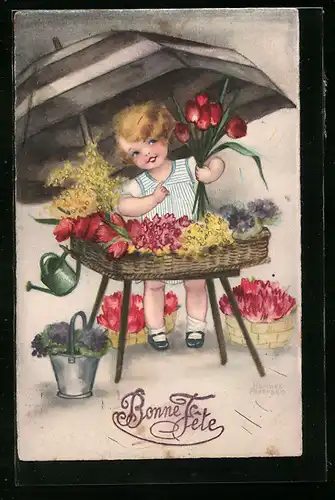 Künstler-AK Hannes Petersen: Süsses Mädchen verkauft an ihrem Stand frische Blumen
