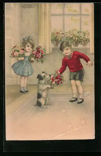 Künstler-AK Hannes Petersen: Junge übergibt dem Hund Geschenk und Blumenstrauss