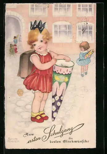 Künstler-AK Hannes Petersen: Mädchen zum Schulanfang mit Zuckertüte