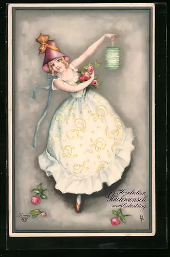 Künstler-AK Hannes Petersen: Junge Frau mit Hut und Laterne