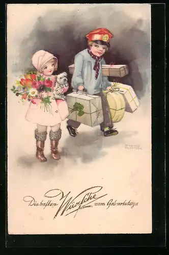 Künstler-AK Hannes Petersen: Kinder bringen Geburtstagsgeschenke und Blumenstrauss