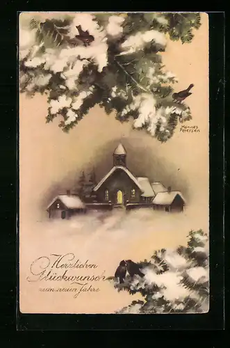 Künstler-AK Hannes Petersen: Neujahresgruss mit verschneiter Landschaft und Kirche