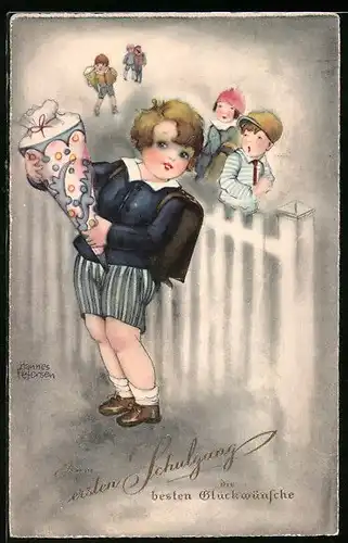 Künstler-AK Hannes Petersen: Der erste Schultag, Mädchen mit Zuckertüte