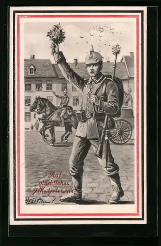 Künstler-AK Alfred Mailick: Soldat mit Pickelhaube und Blumenstrauss