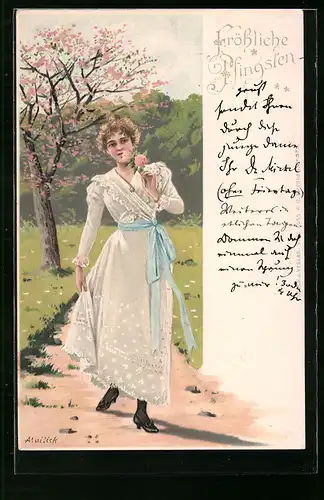 Künstler-AK Alfred Mailick: Fräulein im Kleid mit Blume, Pfingstgruss