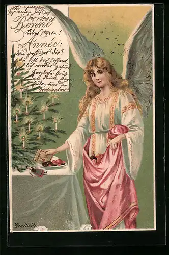 Künstler-AK Alfred Mailick: Weihnachtsengel mit Märchenbuch am Tannenbaum, Neujahrsgruss