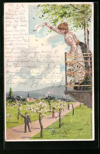 Präge-Künstler-AK Alfred Mailick: Frau winkt einem Herrn vom Balkon