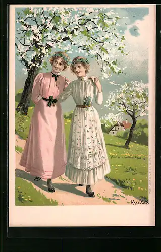 Künstler-AK Alfred Mailick: Zwei Fräuleins auf einem Feldweg bei Baumblüte