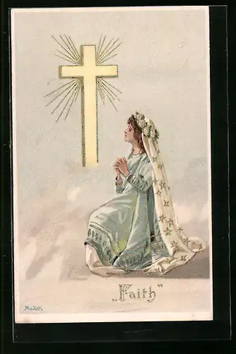 Präge-Künstler-AK Alfred Mailick: Faith, Betende Frau vor Kreuz