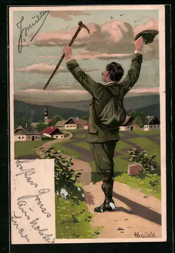 Künstler-AK Alfred Mailick: Wanderer vor einer Ortschaft