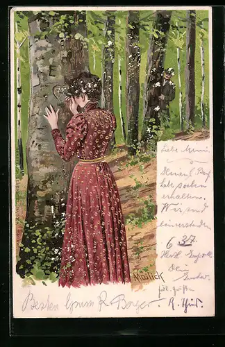 Präge-Künstler-AK Alfred Mailick: Frau ritzt Herz in einen Baum