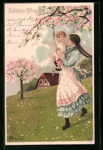 Künstler-AK Alfred Mailick: Frau mit Kind auf dem Arm, Pfingstgruss