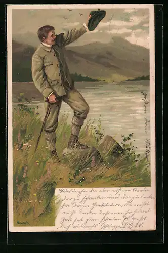 Künstler-AK Alfred Mailick: Mann am Ufer winkt mit seinem Hut