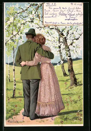 Präge-Künstler-AK Alfred Mailick: Rückenansicht eines Paares bei Baumblüte