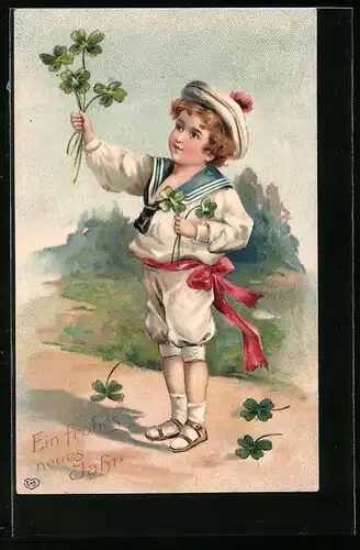 Präge-AK Kleiner Matrose mit Kleeblättern zum neuen Jahr