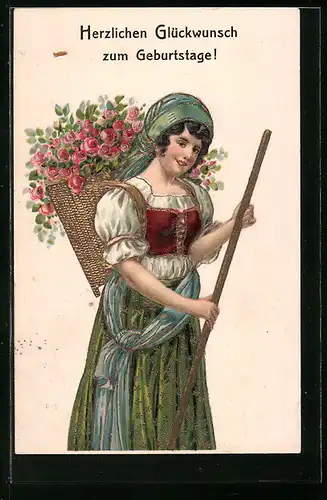 AK Bäuerin trägt einen Korb voller Rosen auf dem Rücken, Glückwunsch