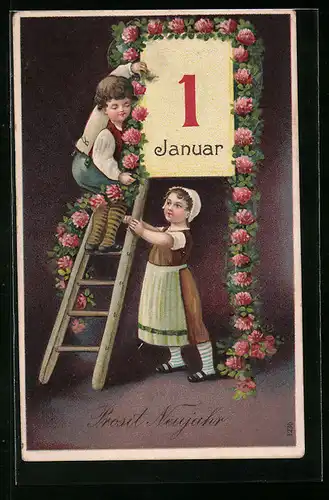 AK Kinder mit Girlanden aus Kleeblättern, Neujahr