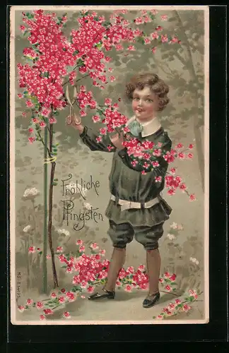 Künstler-AK Pfingsten, Kind schneidet Blüten von einem Strauch