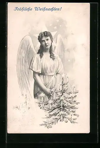 AK Fröhliche Weihnachten, Weihnachtsengel mit Tannenbaum
