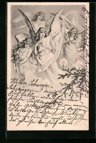AK Weihnachtsengel mit Tannenbaum