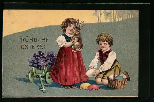 Präge-AK Fröhliche Ostern, Kinder mit Osterhase
