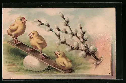 Präge-AK Osterküken auf der Wippe mit Palmkätzchenzweigen
