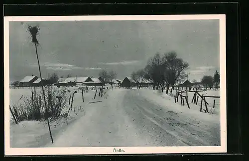 AK Antin, Ortsansicht im Winter von der Landstrasse aus