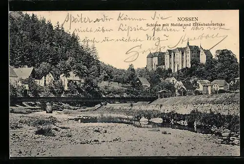 AK Nossen, Schloss mit Mulde und Eisenbahnbrücke