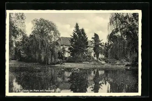 AK Gütersloh, Teich im Park mit Festsaal