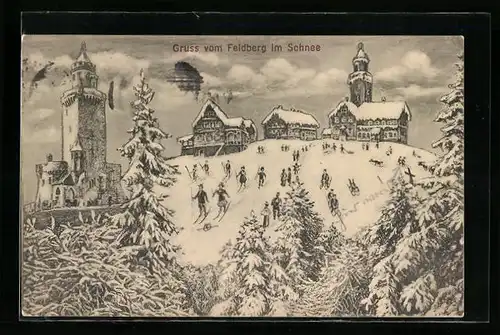 Künstler-AK Feldberg, Ansicht mit Turm im Schnee