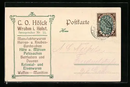 AK Wrohm i. Holst., C. O. Hölck, Herren- und Knaben-Garderobe