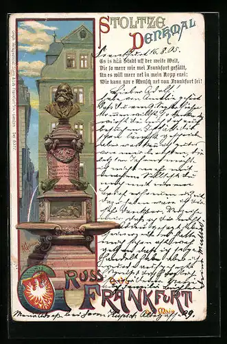 Lithographie Alt-Frankfurt, Stoltze Denkmal mit Wappen