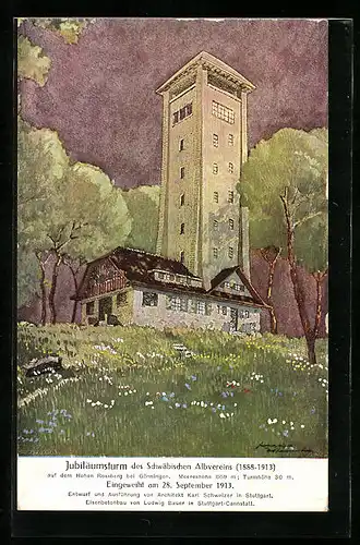 Künstler-AK Gönningen, Jubiläumsturm des Schwäbischen Albvereins auf dem Hohen Rossberg, eingeweiht 1913