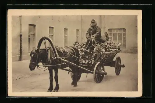 AK Polnische Frau in Pelz auf Holzfuhre, Panjewagen