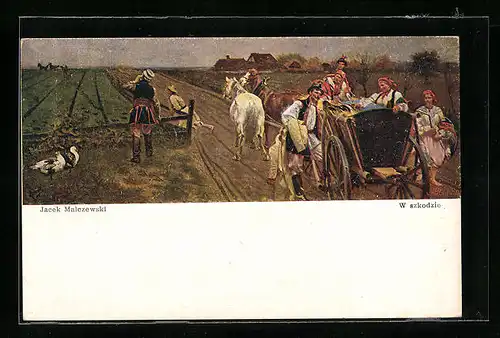 Künstler-AK Polnische Bauern in Tracht auf einem Feldweg