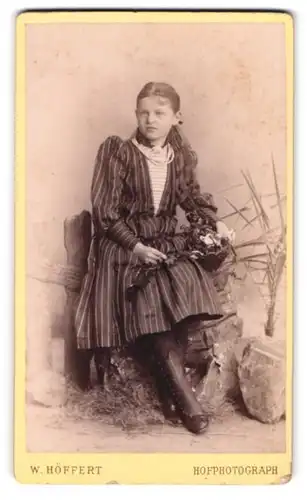 Fotografie W. Höffert, Dresden, Prager-Strasse 49, Junges Mädchen im gestreiften Kleid