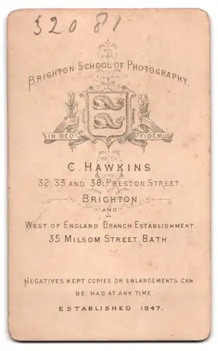 Fotografie C. Hawkins, Brighton, 32, 33 & 38, Preston Street, Junge Dame mit zurückgebundenem Haar