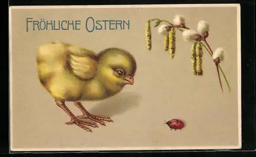 Präge-AK Fröhliche Ostern, Osterküken mit Palmkätzchenzweig