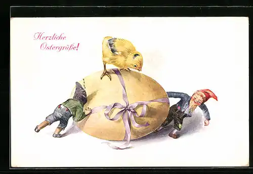 AK Herzliche Ostergrüsse, Zwerge neben Osterei, Osterküken