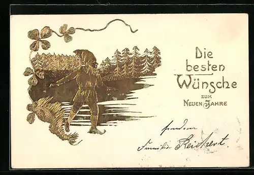 Präge-AK Die besten Wünsche zum neuen Jahre, Zwerg mit Kleeblatt, Goldprägung