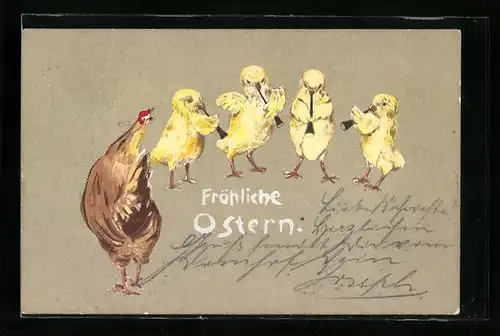 Künstler-AK Ostergruss, Musizierende Osterküken