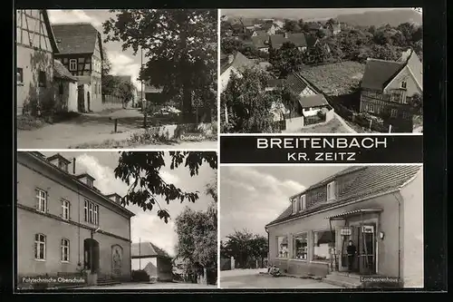 AK Breitenbach /Kr. Zeitz, Teilansicht aus der Vogelschau, Landwarenhaus, Strassenpartie