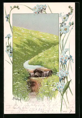 Künstler-AK Alfred Mailick: Idyllische Blumenwiese mit Bachlauf