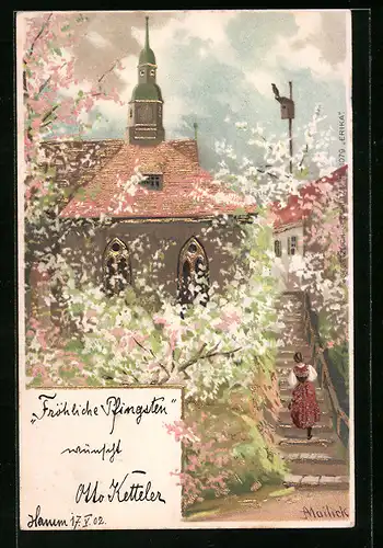 Künstler-AK Alfred Mailick: Fröhliche Pfingsten, Kirche mit blühenden Bäumen