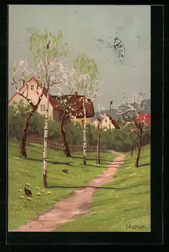 Künstler-AK Alfred Mailick: Weg durch Frühlingswiese mit Blick auf Ortschaft
