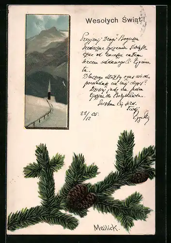 Künstler-AK Alfred Mailick: Verschneite Winteridylle mit Tannenzweig