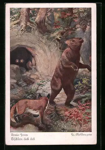 Künstler-AK Georg Mühlberg: Brüder Grimm - Tischlein deck dich, Ziege mit glühenden Augen