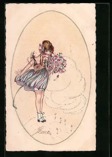 Künstler-AK Erna Maison-Kurt: Mädchen im Kleid mit Blumen