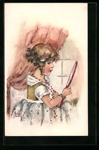 Künstler-AK Erna Maison-Kurt: Mädchen betrachtet sich im Spiegel