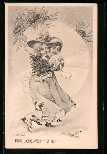 Künstler-AK R. Kratky: Kinder beim Winterspaziergang mit Hund
